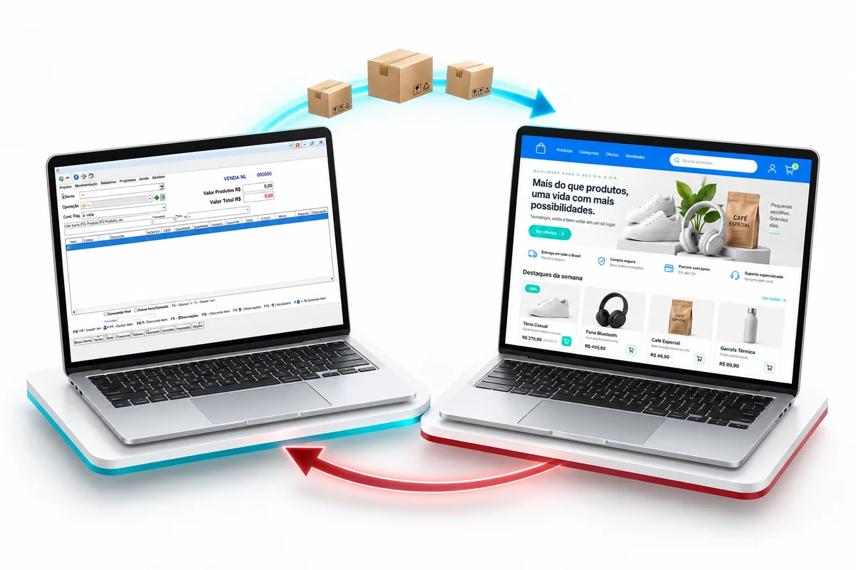 Fluxo da integração: o produto é salvo no seu sistema MaxManager e aparece na sua loja virtual com o mesmo preço e o mesmo estoque