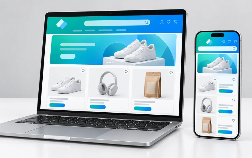 Loja virtual com a identidade visual da empresa aplicada, aberta no computador e no celular
